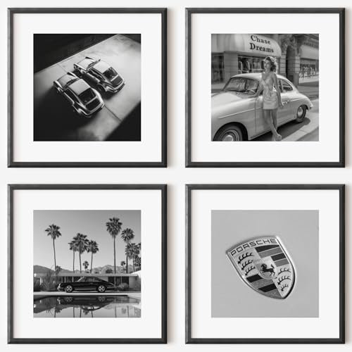 MJ-GRAPHICS® Quadratisch Porsche Schwarz-Weiß Poster Set Porsche Oldtimer Auto Bild Kunstdruck Wohnzimmer Wandbild Vintage Retro Deko Geschenk für Porsche Fans – 50x50 cm Ohne Rahmen