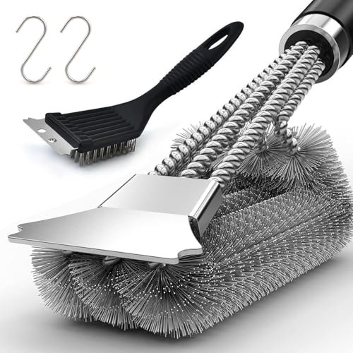 BBQ Brush 2 Pack – 18'' BBQ Cleaning Brushs with Removable Handle, 3-Branch Stainless Steel Barbecue Wire Brushs & 1 Small Grill Brush for Charcoal, Electric & Gas Grills, Fast & Effective Cleaning