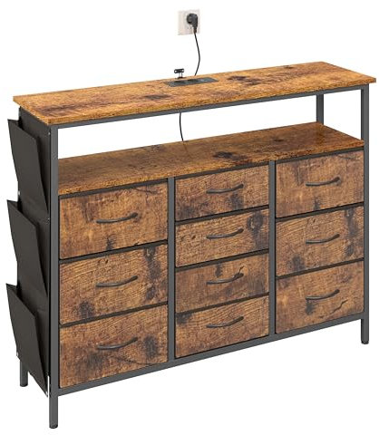 hitsuki Wohnzimmer Kommode Chest of Drawers | Vintage Industriestyle Kommode Sideboard mit Beleuchtung & 10 Schubladen | Multifunktional als Flur Schrank, Wohnzimmer Schrank | Metall&Holz 110x30x85cm