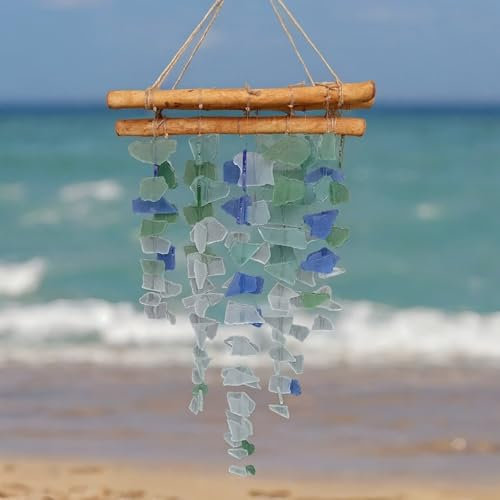 Windspiele handgefertigt Seeglas Treibholz Windspiel,Strand inspirierte sandgestrahltes gefundenem Holz, Innen Außenbereich Meereskunst Dekor,Geschenk für Strandliebhaberinnen (Color)