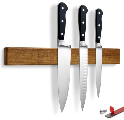 LARHN N52 Neodymium Magnetic Knife Holder for Wall - Acacia, 40 cm / 16″ | Knife Rack, Incl. Screws, Optional 3M Strip & Install Video, Holds the Heaviest Knives & Utensils