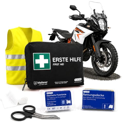 FLEXEO Motorrad Erste Hilfe Tasche | Set mit Inhalt nach aktueller DIN 13167 + Warnweste | klein und kompakt für Motorrad, Roller, Vespa, Fahrrad, E-Bike, Wandern | Schwarz