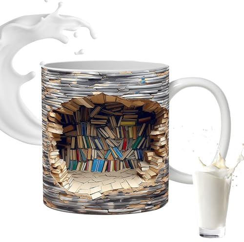 Pomberi Book Cups, 2D Flat Pattern 350ml Bookshelves Hole in a Wall Mug, Ceramic Cup for Men Women Readers Latte Water Bar Kitchen Home Birthday Christmas Book Lovers Bookworm