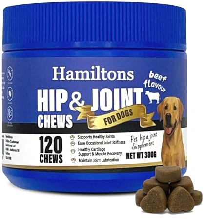 Hamiltons Hip & Joint Supplement for Dogs – 120 Soft Chews Treats with Glucosamine, Chondroitin, MSM & Green Lipped Mussel – Supports Mobility & Stiff Joints for Adult & Senior Dog– Beef Flavour