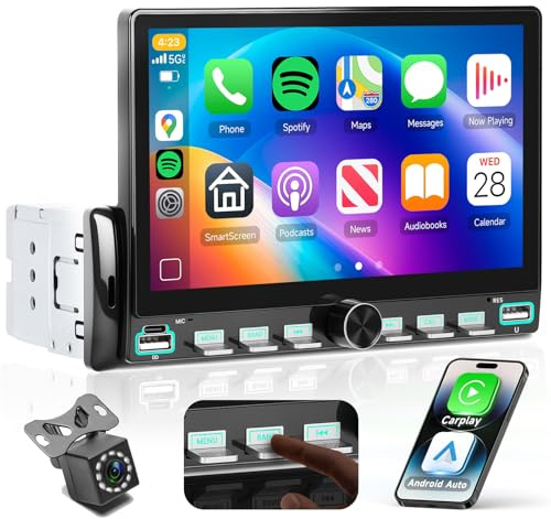 VECHTEL 7 Autoradio 1 Din con carplay wireless Android Auto, radio FM con Blurtooth, sistema di navigazione,2 USB/SD/AUX,con tasti pianoforte,video online,Mirror Link,telecamera di retromarcia
