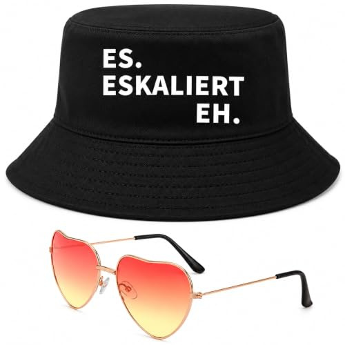Lustiges Festival Zubehör Set - Fischerhut Damenn & Herren Mit Spruch Es Eskaliert Eh & Herz Sonnenbrille, Anglerhut Für Malle Accessoires, Karneval - Cooles Party Festival Outfit Damen Herren