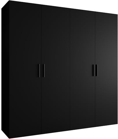 MEBLE KRYSPOL - Kleiderschrank - Garderobenschrank - 200 cm x 202 x 52 cm - Schrank mit Kleiderstange, 4 Türen - für Schlafzimmer, Flur - BARI, Schwarz, Griff Schwarz