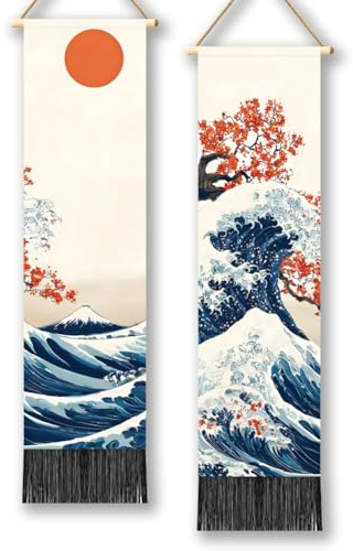 TNKBREEZE 2 Stück Orientalische Ästhetik Vertikale Tapisserie 130x33cm Kirschblüten Lange Vertikale Wandbehang Tapisserie Mit Quasten Deko Für Schlafzimmer Sitzbereich Wohnheim Wohnung Dekoration