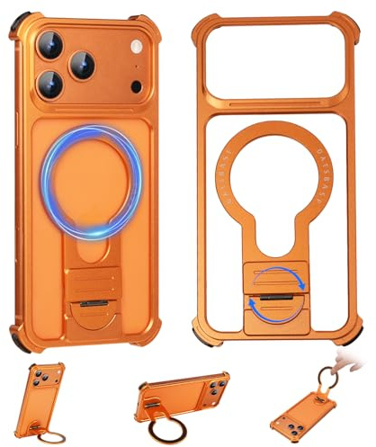 NIFBANG für iPhone 18/17 Pro Max Rahmenlose Hülle,mit 360°Drehbar Magnetische Ständer Handyhülle,Aluminium Metall Dünn Stoßfest Schutzhülle für iPhone 18/17 Promax Bumper Case(Cosmic Orange)