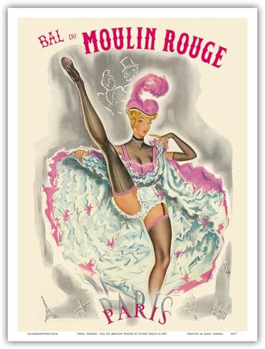 Pacifica Island Art Paris Frankreich – Bal Du Moulin Rouge – Französische Cancan-Tänzerin – Vintage Cabaret Poster von Pierre O'Kley c.1957 – Meister-Kunstdruck (ungerahmt) 22,9 x 30,5 cm