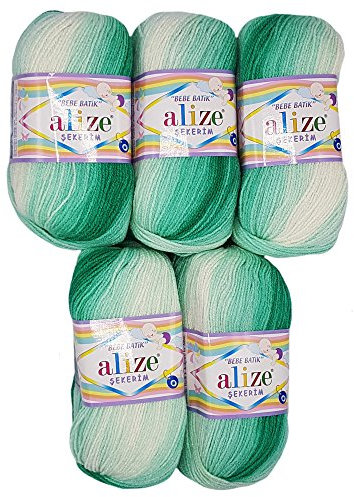 5 x 100g Babywolle Bebe Batik mehrfarbig, 500 Gramm Wolle zum Stricken und Häkeln (grün weiß 6317)