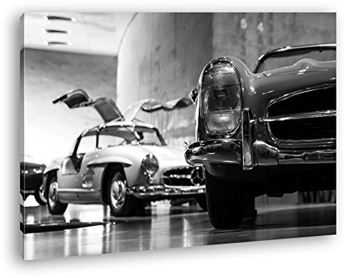 Leinwandbild Oldtimer Ausstellung – Klassiker der Straße Format: 80x60 cm Effekt: Schwarz&Weiß XXL Kunstdruck Bild auf Keilrahmen/Wandbild/Wohnzimmer Deko