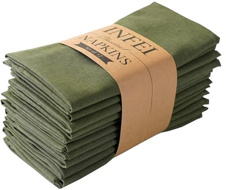 INFEI Solid Color Polyester Linen Blended Thin Dinner Napkins - Pack of 12 (40 x 40 cm) - for Events & Home Use (Army Green)