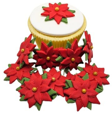 12 X Poinsettia - Christmas Cake Decorations Edible - Christmas Cupcake Toppers Edible **5 STYLES TO CHOOSE FROM** (Red poinsettia)