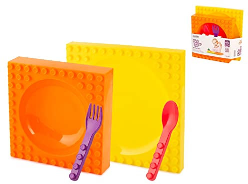 Lulabi 9555100 Pack Kids vajilla, 1 Plato Hondo, 1 Juego de Cubiertos y Cuchara, Naranja/Amarillo