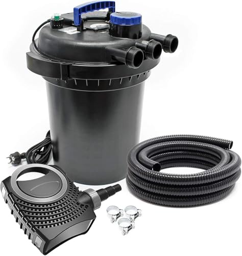 SunSun Komplettset: CPF-180 Teichdruckfilter bis 6000 L mit 11 Watt UV-C Teichklärer, NEO3800 SuperEco Teichpumpe 3600l/h 20W, 5m Teichschlauch 38 mm (1 1/2), Schlauchschellen W1 44-47mm