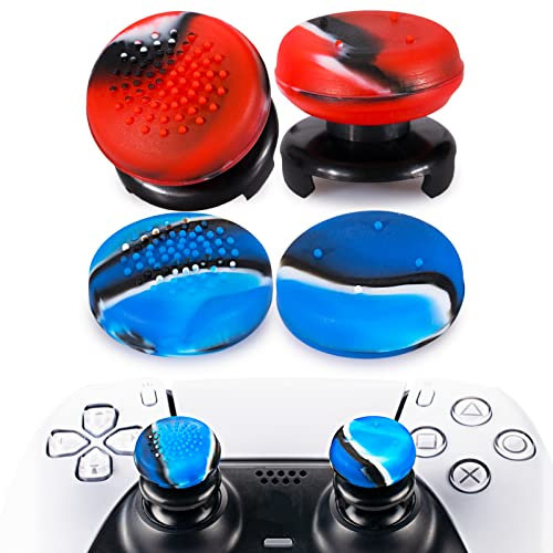 Playrealm FPS Thumbstick Extender & 3D Textur Gummi Silikon Griffabdeckung Thumb Grip Aufsätze 4 für PS5 Dualsenese & PS4 Controller(Tarnung Rot+Blau)