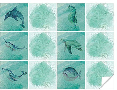 GRAZDesign Fliesenaufkleber Bad Fische Fliesenfolie für Badfliesen Klebefliesen glänzend - Fische mit Grünen Linien