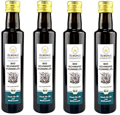Bio Schwarzkümmelöl 1 Liter (4x 250ml) gefiltert | 1. Kaltpressung | ägyptische Nigella Sativa Saat | direkt aus der Ölmühle Godenstedt