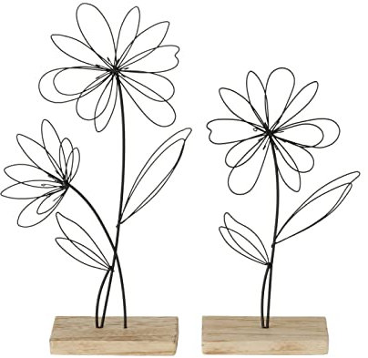 Boltze Dekoaufsteller Blumy Blume Metall schwarz Sockel aus Holz Frühlingsdekoration