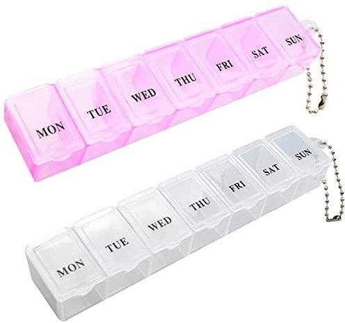 Pilulier 2 pièces, pilulier portable pour tablette de voyage 7 jours avec compartiments pour médicaments, suppléments, vitamines et huile de foie de morue (rose et blanc)