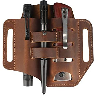 SSDH Leather Tactical Tool Belt - Multifunctional Holder for Key, Flashlight, Gadgets for Electrician, Woodworking or Outdoor Camping, Hiking Adventure (Brown)