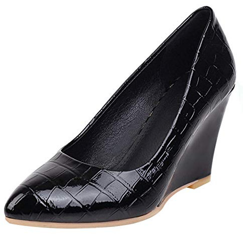 MJIASIAWA Damen Pointed Toe Formal Keilabsatz Pumps Ohne Verschluss Lack Arbeit Kleid Mode Abend Schuhe Schwarz Gr 36 EU