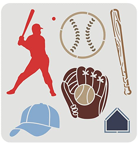 FINGERINSPIRE Baseball Schablonen 30x30cm Spieler Schablone Kunststoff Baseballschläger, Mütze Handschuh Muster Schablonen Baseball Thema Vorlage für Ballfeld, Sportplatz, Ballspiel