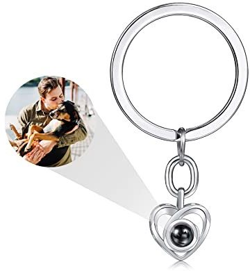 MeMeDIY Personalisierter Projektions Schlüsselanhänger mit Bild 925 Sterling Silber Anhänger Hund Katze Denkmal Geschenke (Silbernes Herz, Farbe)