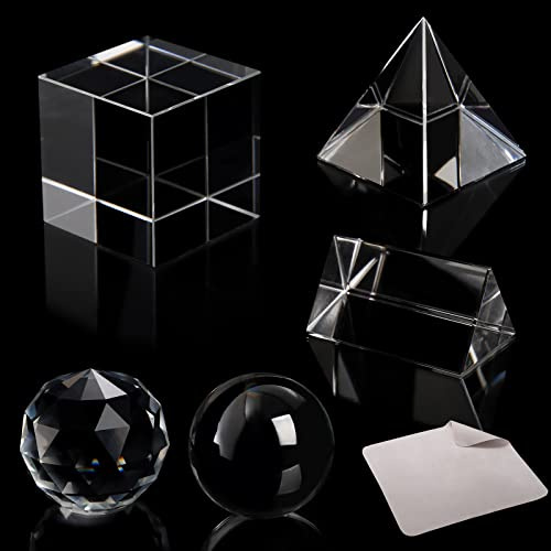 Yopay 5 Pack Crystal Prism Set, K9 Glass Optical Photography Prism Set, 50mm Lens Ball/50 mm Cube/50mm Triangular Prism/50mm Prism Pyramid/ 50mm Crystal Ball, Science, Teaching Light Spectrum