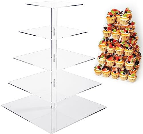 Yifugad 5 Tier Square Large Acrylic Cake Stand , Clear Glass Dessert Stand, Pastry Tray, Pastry Tower Suitable for Weddings, Birthdays, Bar Parties (5 Tier Square)
