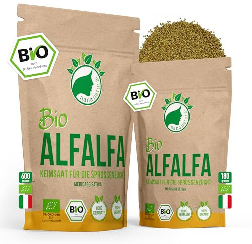 NanaNatura's Bio Alfalfa Sprossen Samen 180g | Keimfähige Alfalfasamen zur Sprossenzucht | Microgreens fürs Sprossenglas | geprüft & abgefüllt in Deutschland