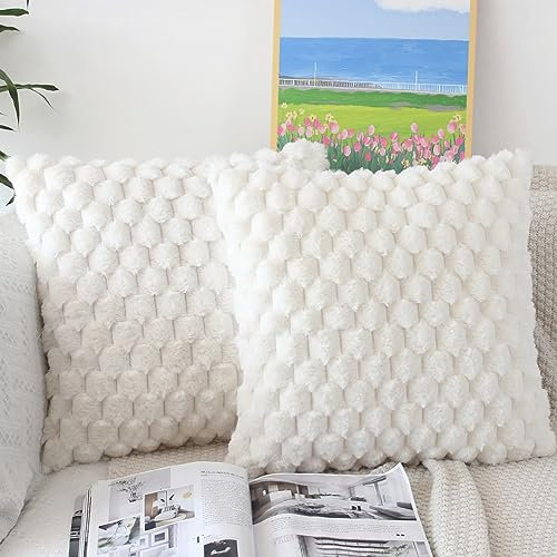 NIULAA Flauschig Kissenbezug 50x50 Creme Weiß 2er Set Plüsch Deko Kissenbezüge Weich Gestreift Kissenhülle Luxus Pelz Dekokissen Sofakissen Zierkissen Kuschelig Kissen Bezüge Wohnzimmer Sofa
