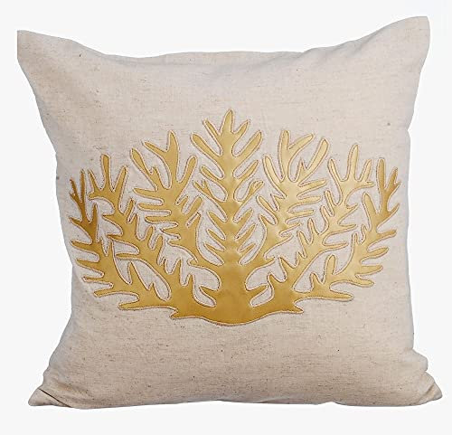 The HomeCentric Beige zierkissen Meeresbewohner Ocean und Strand Thema Metallisches Leder Applique dekokissen 2 Stück, 50x50 cm Kissenbezug Blumen- dekokissen Bettwäsche aus Baumwolle- Gold Sea Weeds