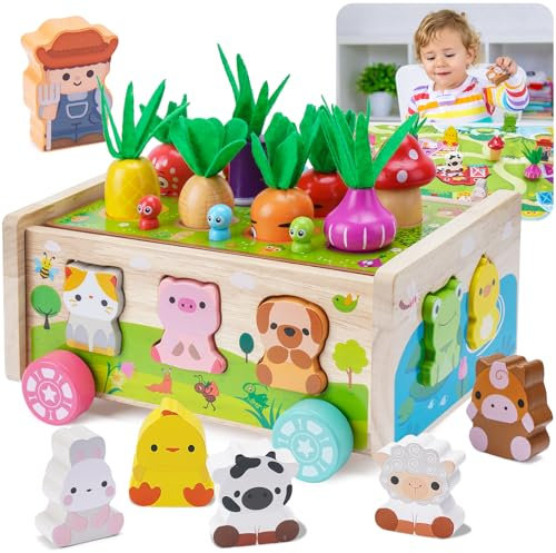 Montessori Spielzeug ab 1 2 3 Jahr | Holzspielzeug mit Karte 7-in-1 Farmspiel Motorikspielzeug aus Holz | Kinder Karotten Steckspiel Holz | Montessori Geschenk Mädchen Jungen