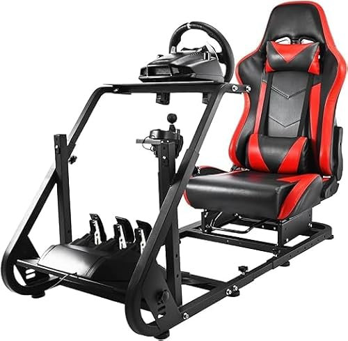 Anman Racing Simulator Cockpit mit rotem Gaming Stuhl passend für Logitech G25/27/29/920/923 Thrustmaster T80 T150 T249 Lenkradständer ohne Lenkradpedal und Handbremse