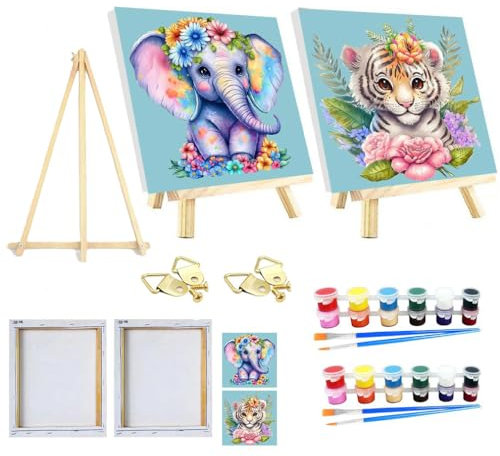 SOMHORN Malen Nach Zahlen Erwachsene Kind kleiner Elefant kleiner Tiger Faltenfreie Leinwand Acryl Pigment Home Deko Geburtstag Festival Geschenk 2 Pack (7.8x7.8in/20x 20cm)