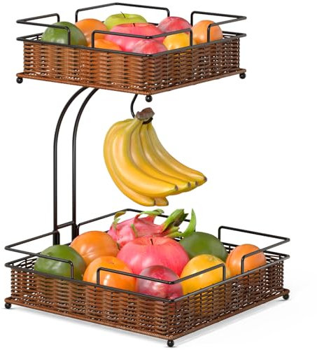 2 Tier Fruit Rack, Woven Fruit Basket with Banana Hanger, Detachable Rattan Fruit Vegetables Storage Baskets for Kitchen Counter Pantry Cabinets, Store Potatoes, Onions, Fruit, Bread (Black and Brown)