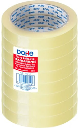 DOHE - Ruban adhésif transparent (8 unités) - 1,9 cm x 66 m, scellé pour emballage de boîtes, envois ou déménagements, adhésif puissant de 45 microns - Fournitures de bureau