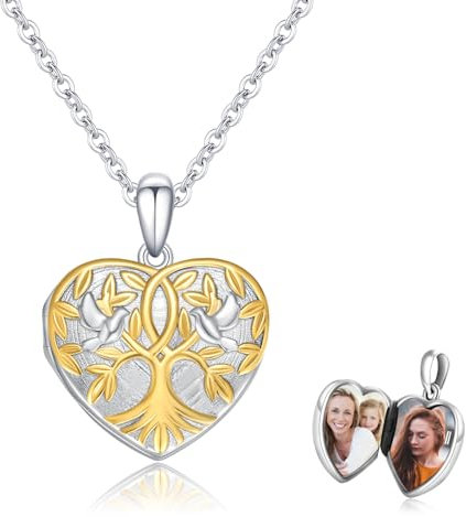 REDSUN Baum des Lebens Foto Medaillon Kette 925 Sterling Silber Herzform Medaillon Halskette Lebensbaum Weiße Taube Medaillon Anhänger Halskette Schmuck Amulett Familie für Damen Mädchen Mutter