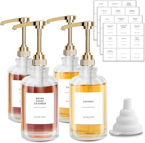 sunal Kaffee Sirup Spender,500ml/16,9 oz Glas Sirup Spender,4er Pack Sirup Pump Spender Flasche,mit 1/4oz große Kapazität Pumpe und 36 wasserdichte Etiketten&Silikon Trichter,Golden