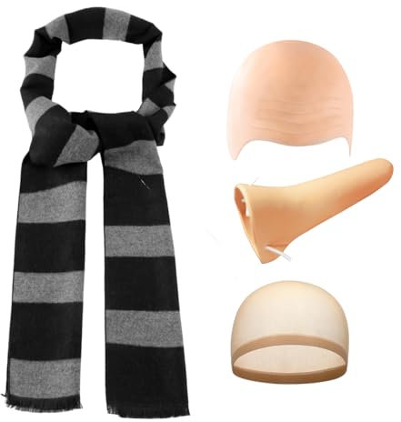 TOMIGO 4 Stück Schwarzer und Grau Schal mit Falscher Nase und Glatzen Kappe, für Herren Halloween Kostüm Zubehör (Schwarz und Grau)
