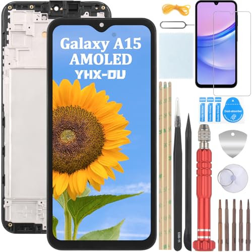 YHX-OU 6.5 Noir Kit AMOLED Écran LCD avec Châssis pour Samsung Galaxy A15 4G SM-A155F SM-A155P SM-A155R A155M Écran Complet Tactile LCD Display de Rechange avec Film de Protection D'écran et Outils