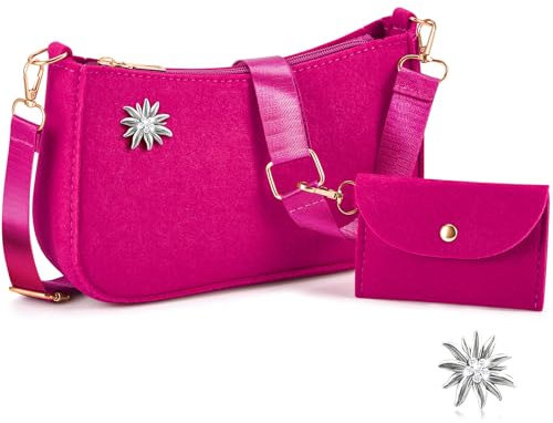 Weewooday Damen Trachten Filz Handtasche mit 2 Edelweiß Brosche Traditionelle Bierfest Kleid Umhängetasche Zubehör mit kleine Filztasche Silberne Edelweiß Dekoration für Festtagskleider (Rose Rot)