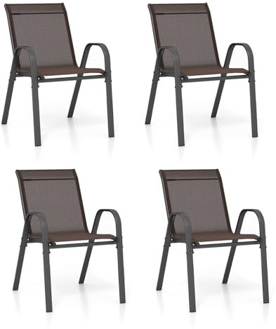 KOMFOTTEU 2/4er Set Gartenstühle, Stapelstühle aus Stoff mit Metallrahmen, Balkonstühle stapelbar mit Armlehnen und hoher Rückenlehne, Terrassenstühle 56 x 70 x 84 cm (4, Braun)
