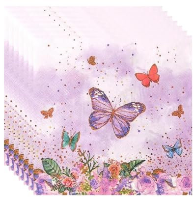 60 Stück (33 x 33 cm) Blumen Servietten Frühling Lila Servietten Schmetterling Perfekt für Geburtstage, Partys, Hochzeiten, Kommunion und Feiern