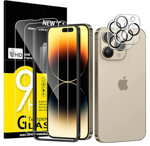 NEW'C Kit de 4, 2 x Verre Trempé pour iPhone 14 Pro Max (6,7 Pouces) et 2 x Protection Caméra Arrière - Kit Outil d'Installation Facile - Anti Rayures - Ultra Résistant-HD Transparent