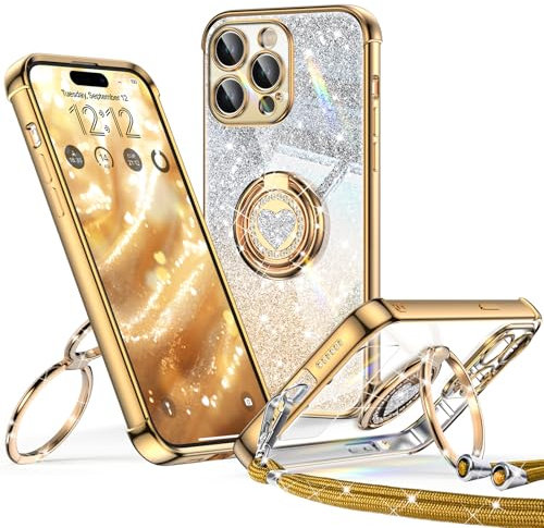 XYZ for iPhone 14 Pro Max Case with Stand, Soft Cute Luxury Love Heart for Women Girls, Double Ring Bling Glitter Clear Protective Phone Cover Case for iPhone 14 Pro Max - Gold