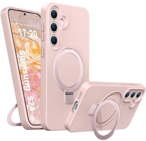BENTIACC Liquid Silikon hülle für Samsung Galaxy S24, Magnetischer Robust Standring, [Upgraded Kameraschutz] 4-Layer stoßfeste Schutzhülle, Soft Mikrofaserfutter Kratzfes Schutzhülle (Rosa)