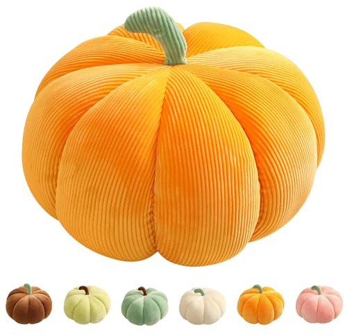 Kürbis Kissen, 3D Plüsch Kürbis Dekokissen Halloween Deko Kürbis Kissen Groß Herbst Deko Kürbiskissen Dekorative Kürbis Deko Kissen Sitzkissen Zierkissen für Kinderzimmer Sofa Dekoration (Gelb, 35cm)